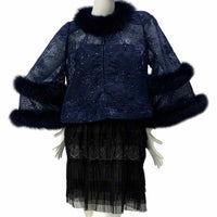 Fox Fur-Trim Lace Bolero - Navy Blue