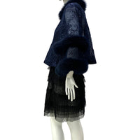 Fox Fur-Trim Lace Bolero - Navy Blue