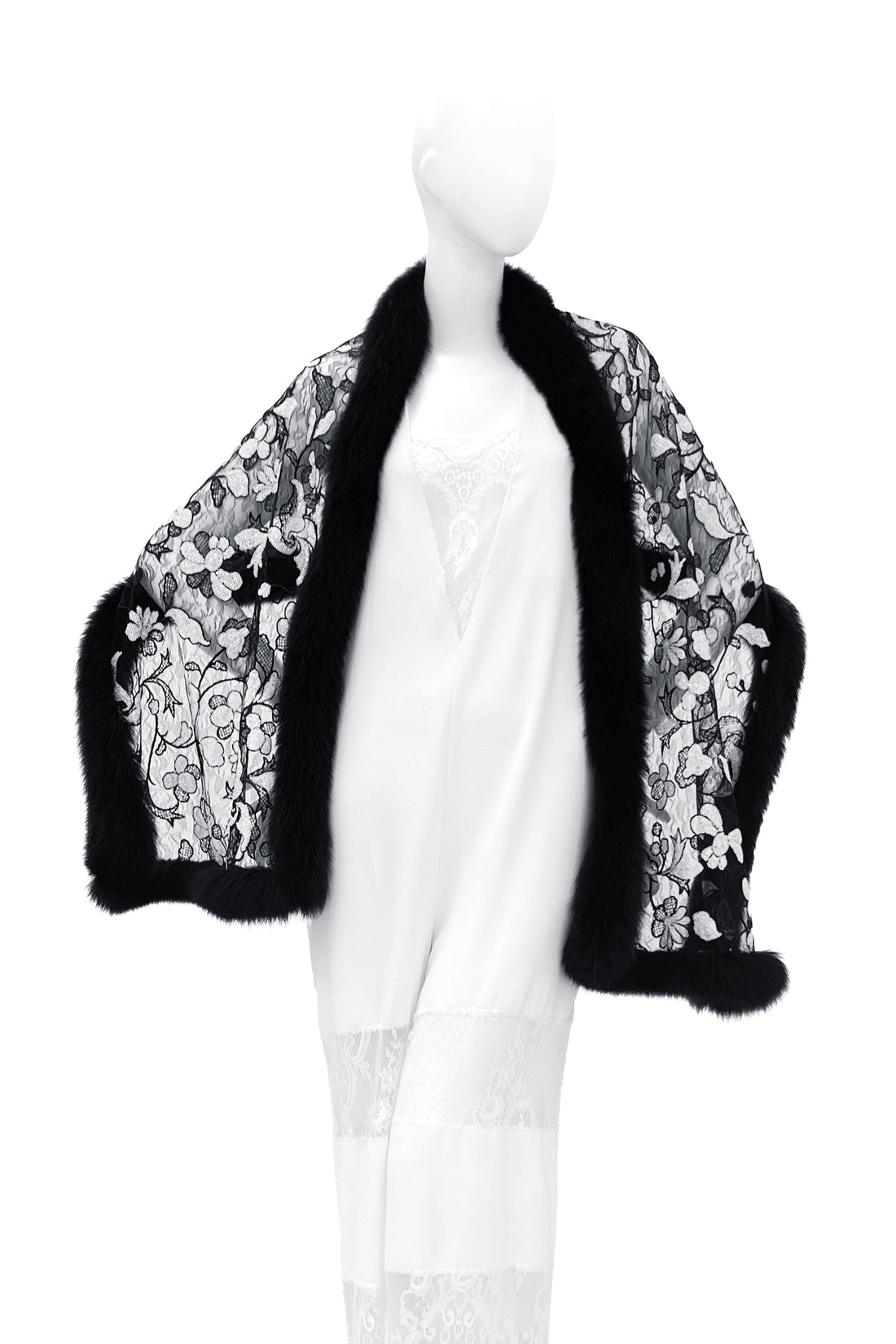Fox Fur Trim Lace Stole - BLACK & WHITE