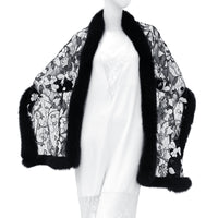 Fox Fur Trim Lace Stole - BLACK & WHITE