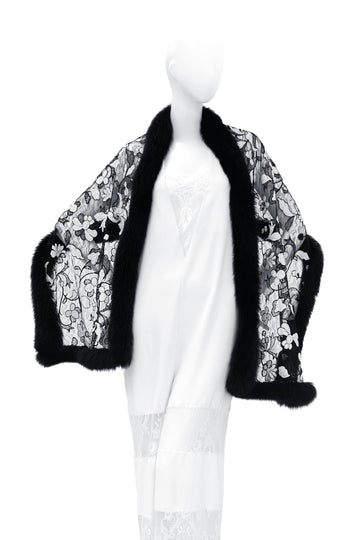 Fox Fur Trim Lace Stole - BLACK & WHITE