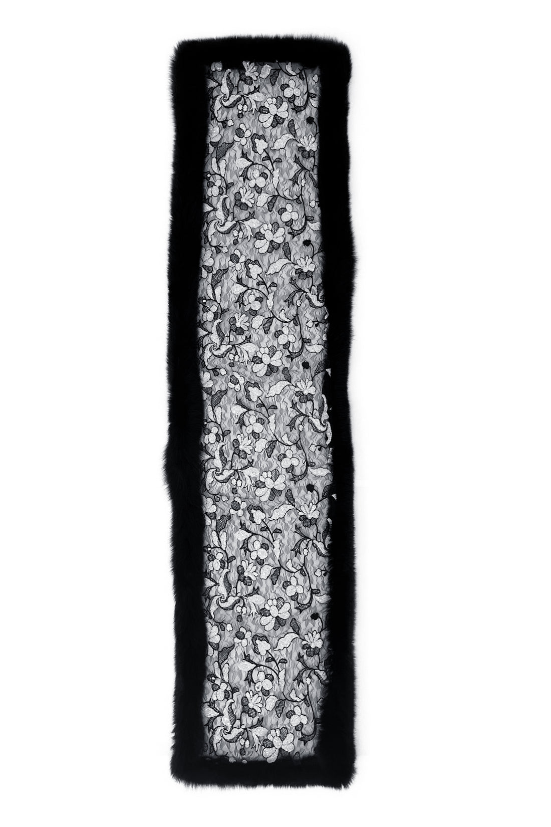 Fox Fur Trim Lace Stole - BLACK & WHITE