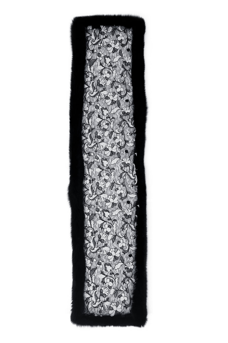 Fox Fur Trim Lace Stole - BLACK & WHITE
