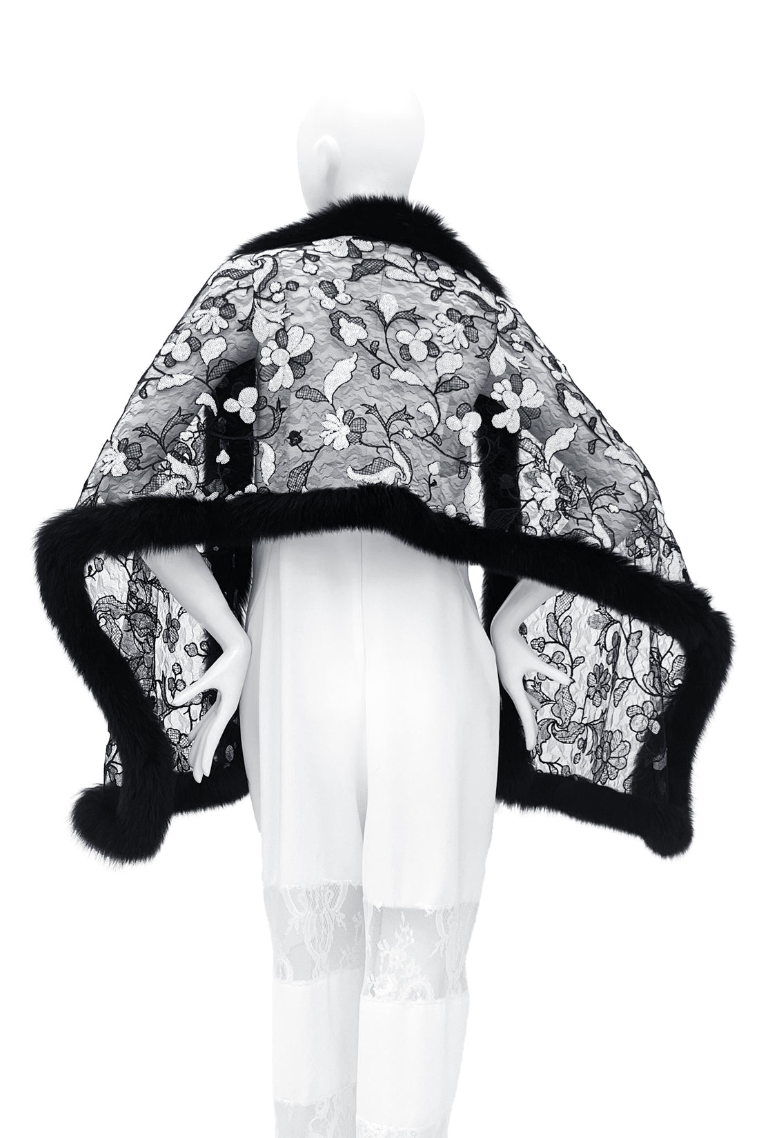 Fox Fur Trim Lace Stole - BLACK & WHITE