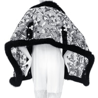 Fox Fur Trim Lace Stole - BLACK & WHITE