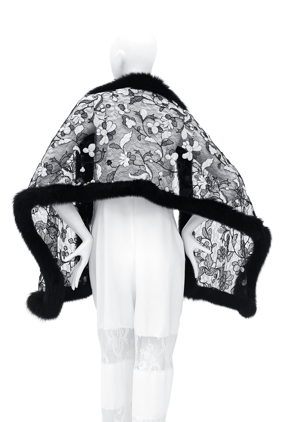 Fox Fur Trim Lace Stole - BLACK & WHITE