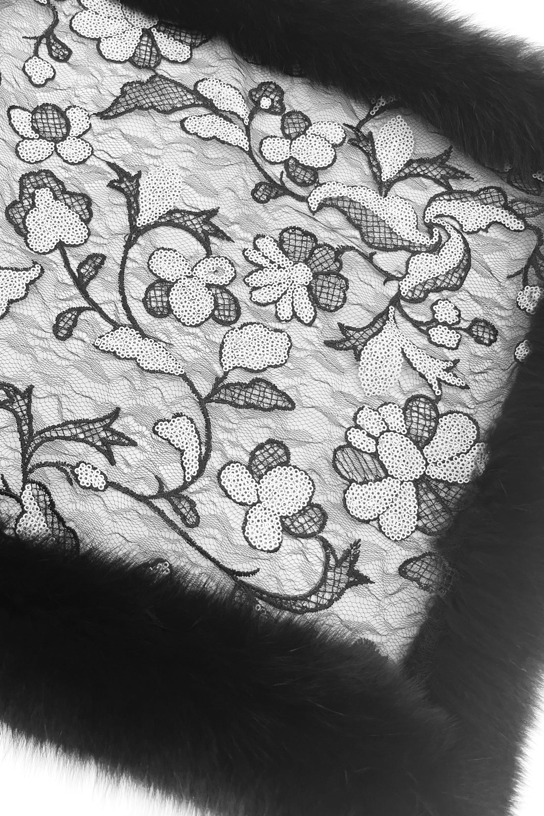 Fox Fur Trim Lace Stole - BLACK & WHITE