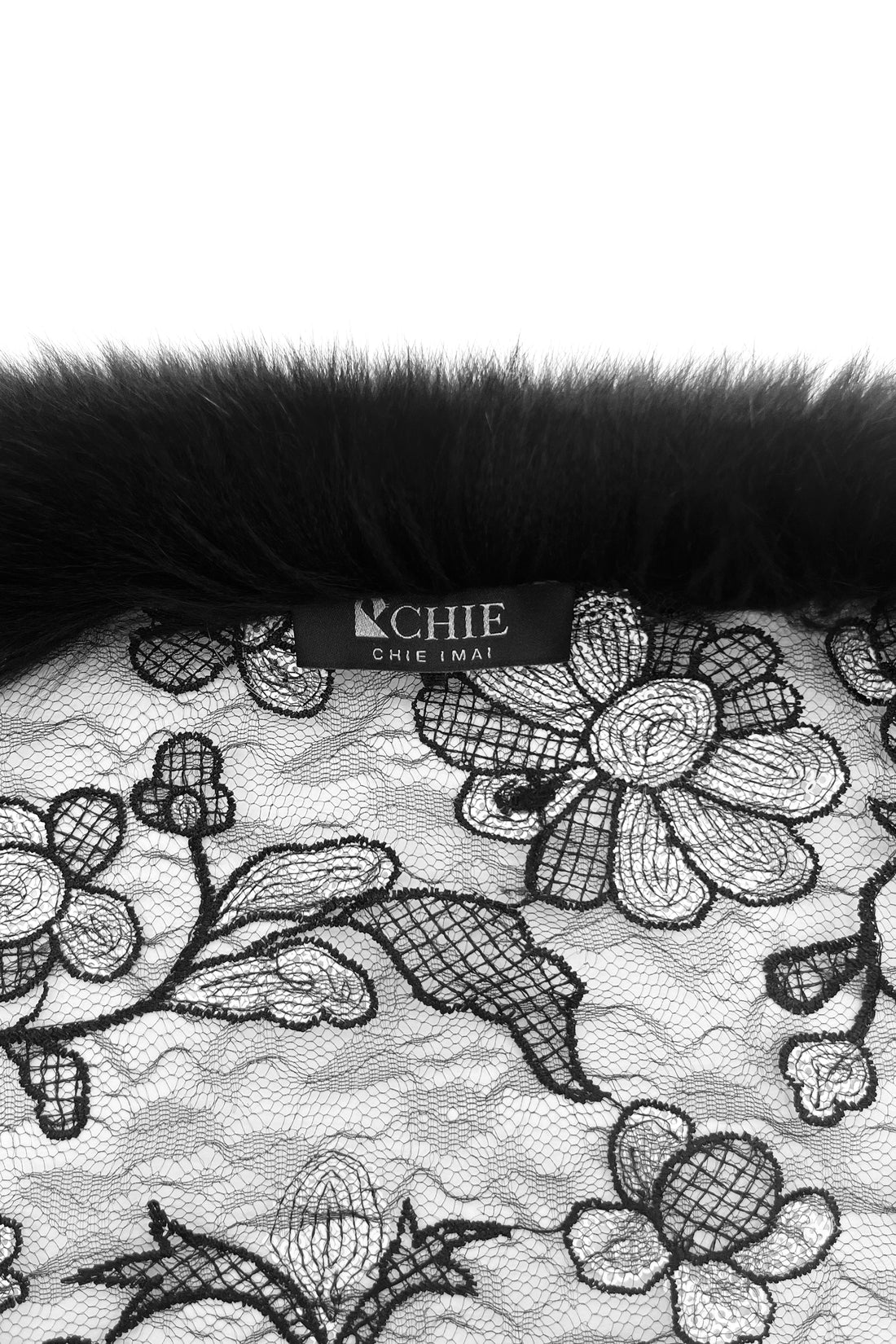 Fox Fur Trim Lace Stole - BLACK & WHITE