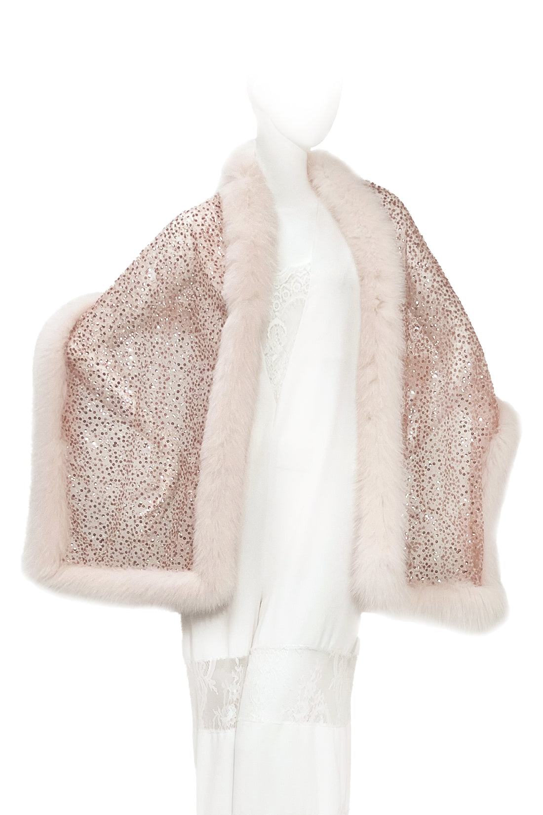Fox Fur Trim Lace Stole - ROSE GOLD