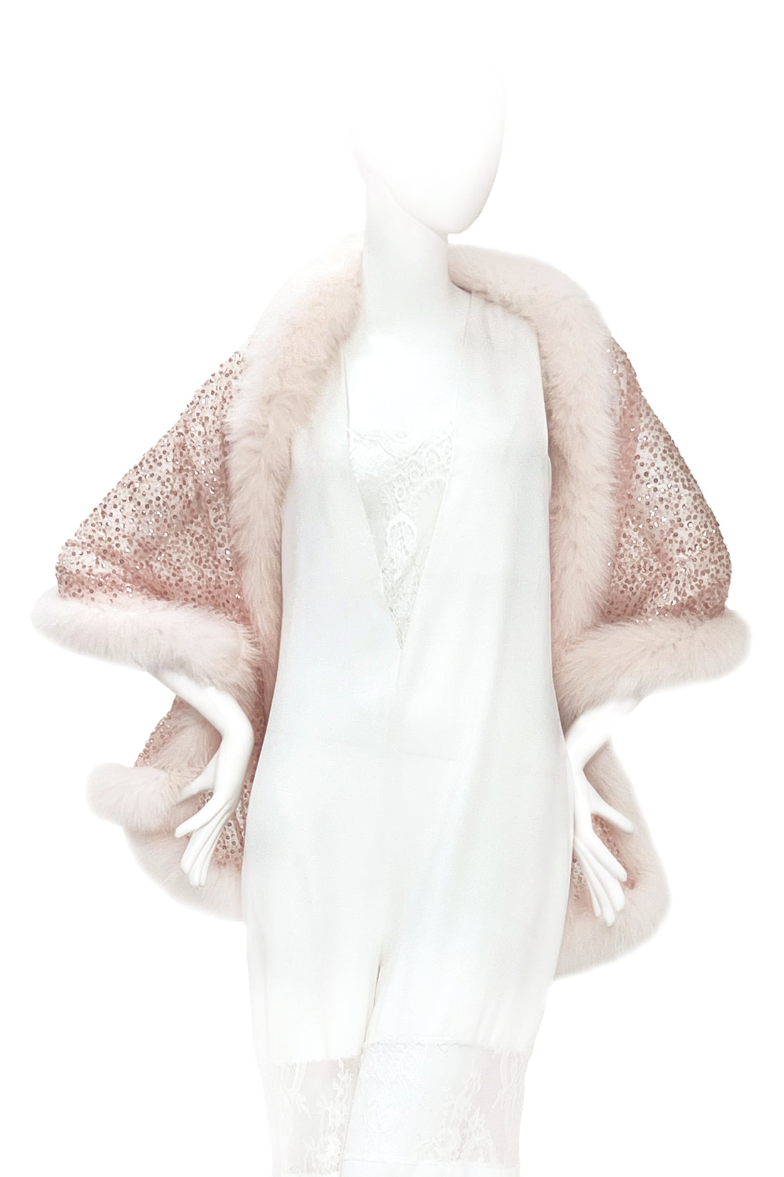 Fox Fur Trim Lace Stole - ROSE GOLD