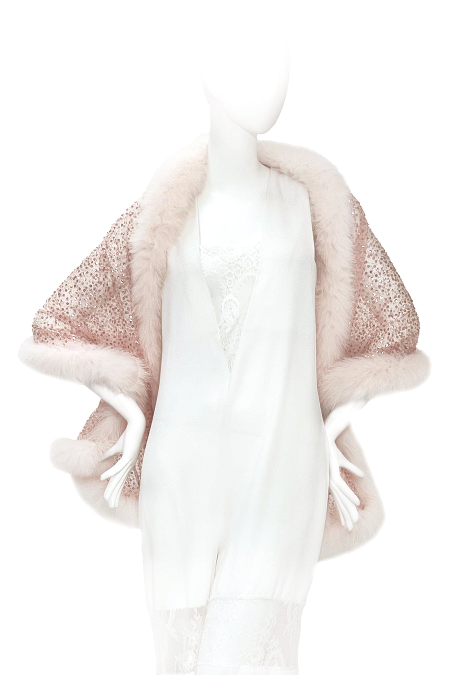 Fox Fur Trim Lace Stole - ROSE GOLD