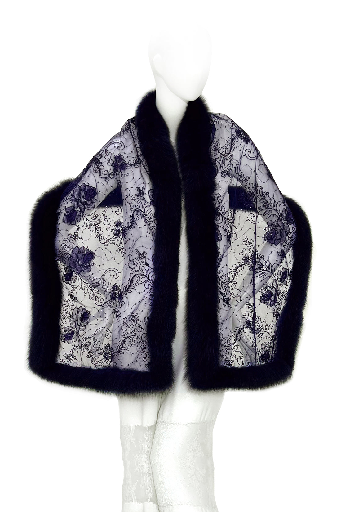 Fox Fur Trim Lace Stole - Navy Blue