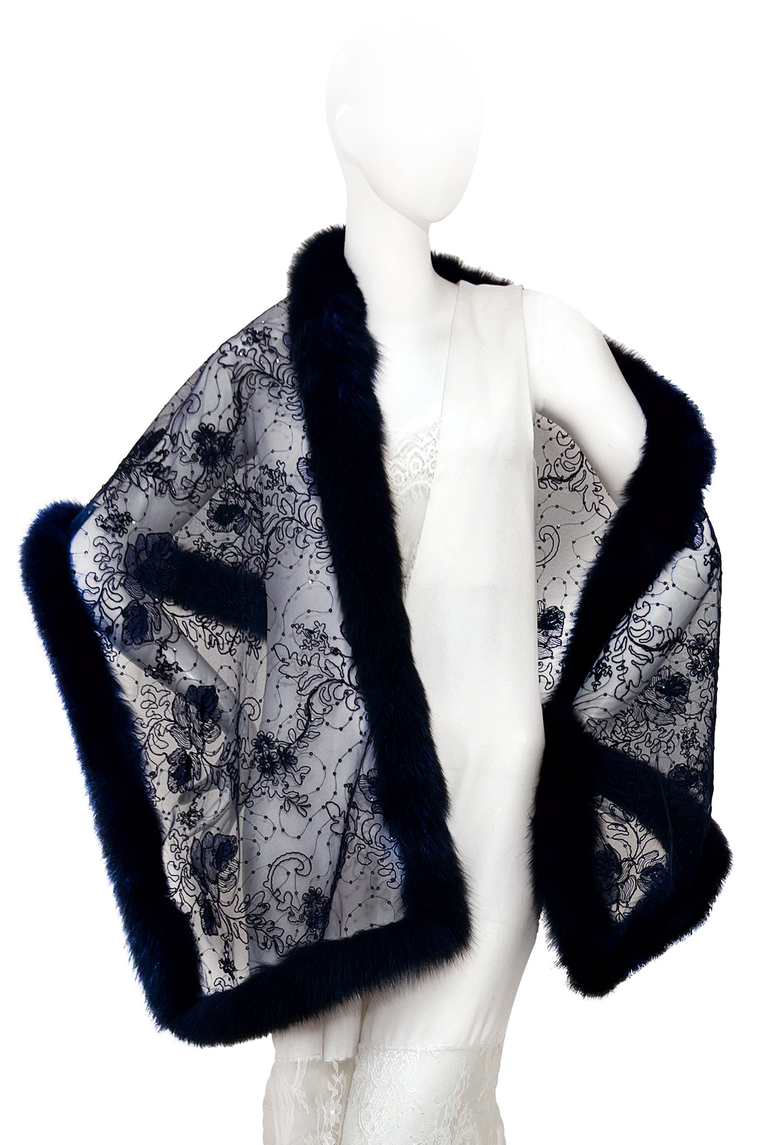 Fox Fur Trim Lace Stole - Navy Blue