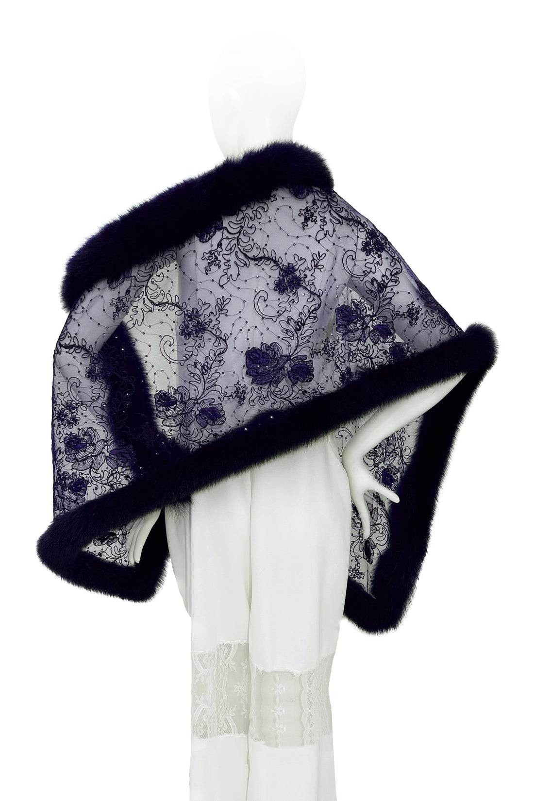 Fox Fur Trim Lace Stole - Navy Blue