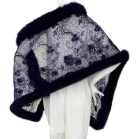 Fox Fur Trim Lace Stole - Navy Blue