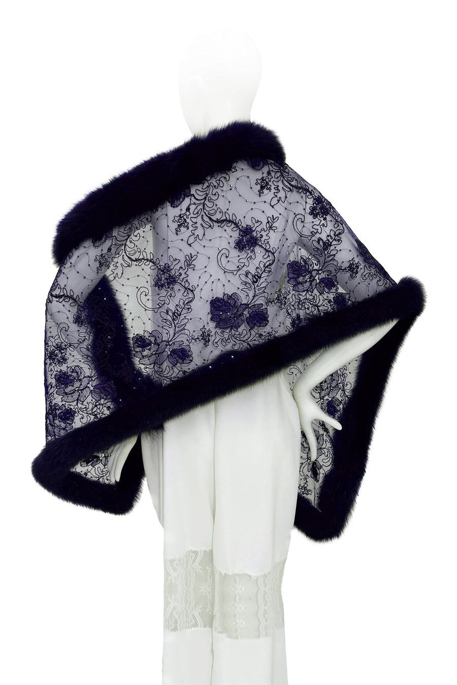 Fox Fur Trim Lace Stole - Navy Blue