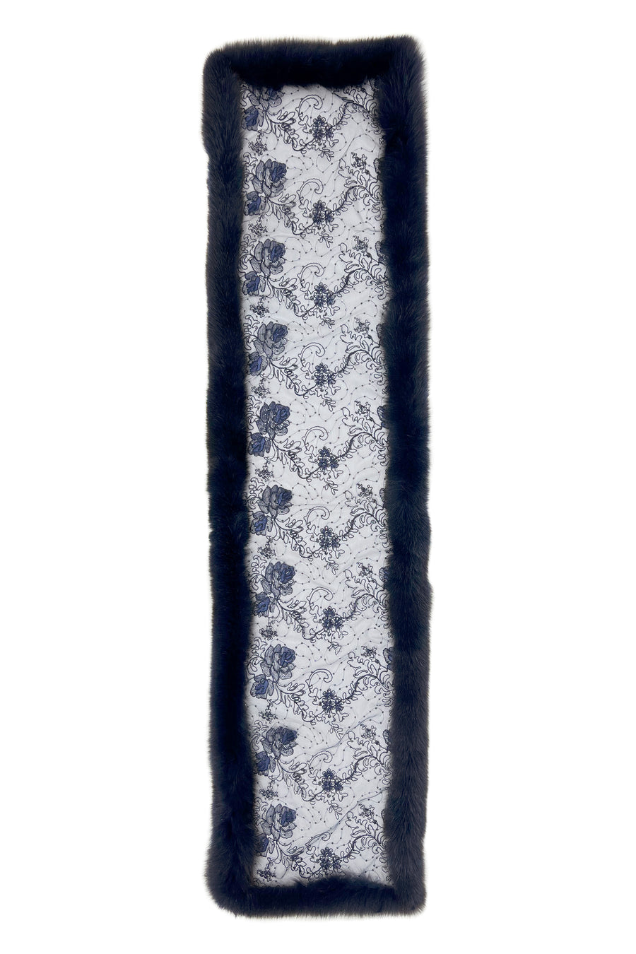 Fox Fur Trim Lace Stole - Navy Blue