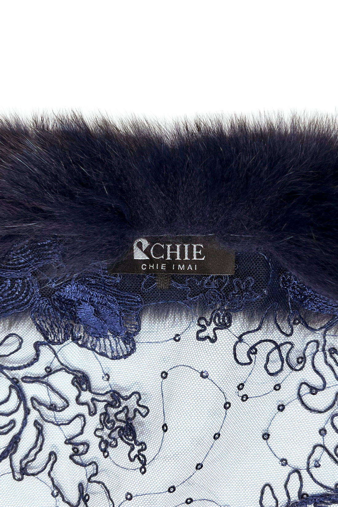 Fox Fur Trim Lace Stole - Navy Blue