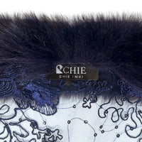 Fox Fur Trim Lace Stole - Navy Blue