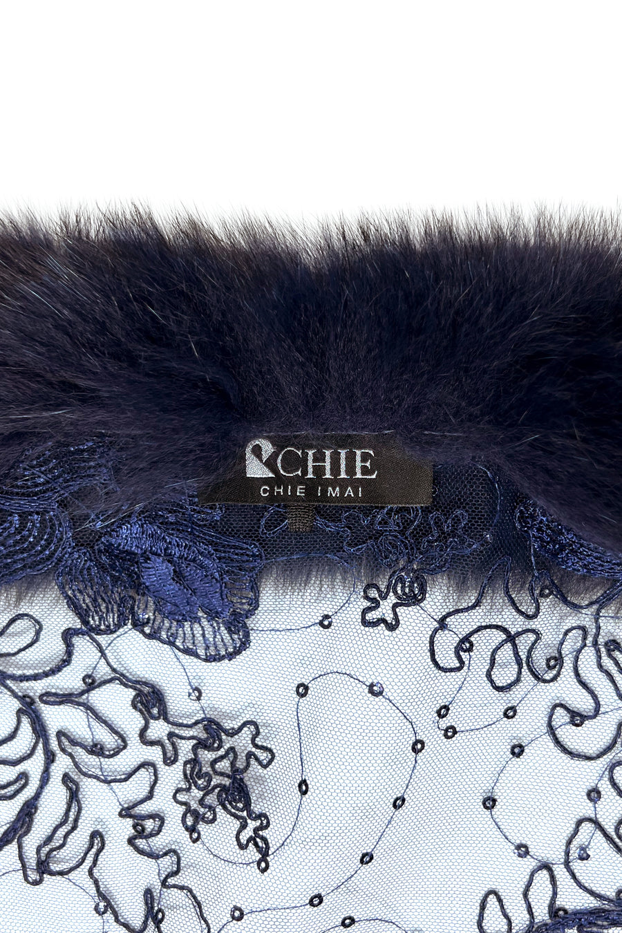 Fox Fur Trim Lace Stole - Navy Blue