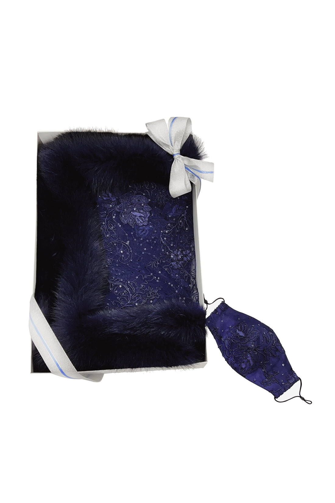 Fox Fur Trim Lace Stole - Navy Blue