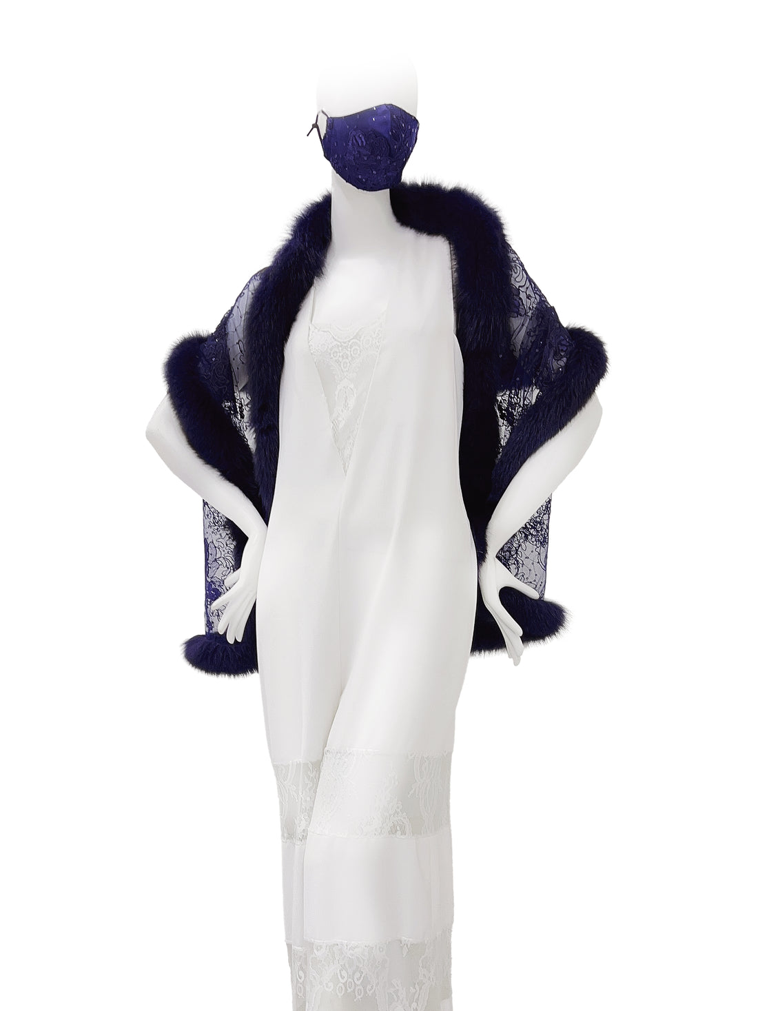 Fox Fur Trim Lace Stole - Navy Blue