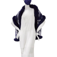 Fox Fur Trim Lace Stole - Navy Blue