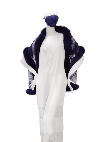 Fox Fur Trim Lace Stole - Navy Blue