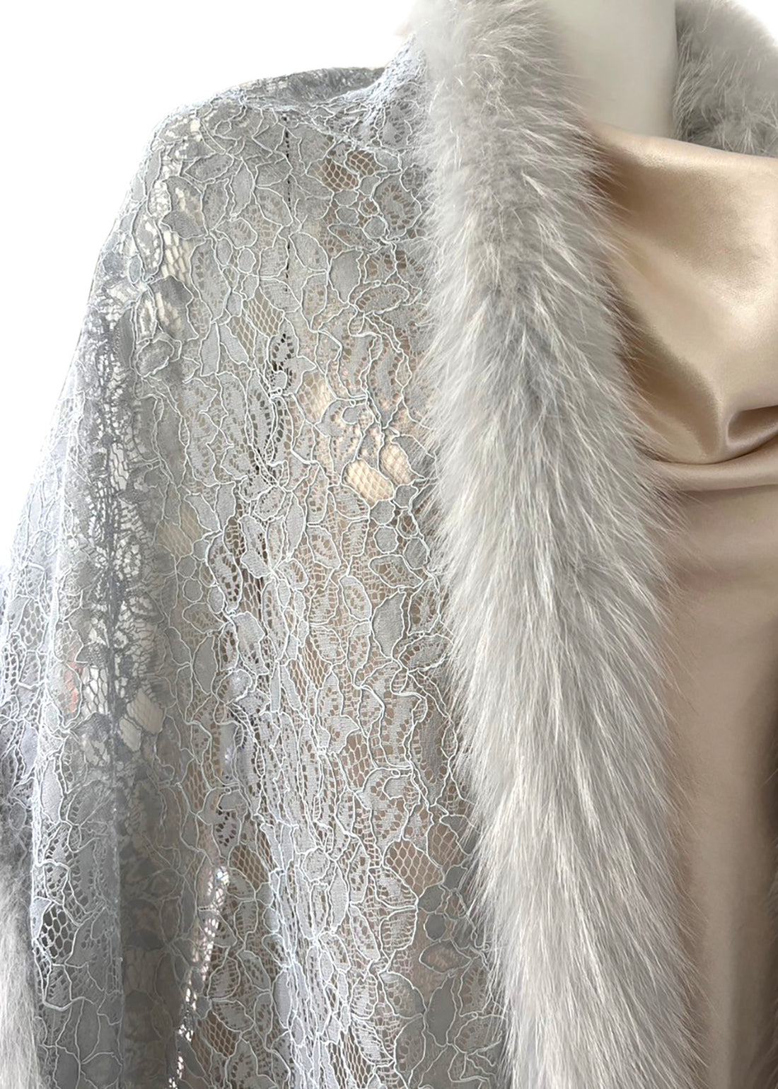 Fox Fur Trim Lace Stole - GREY