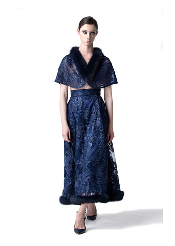 Fox Fur Collar & Trim Two Piece Lace Dress