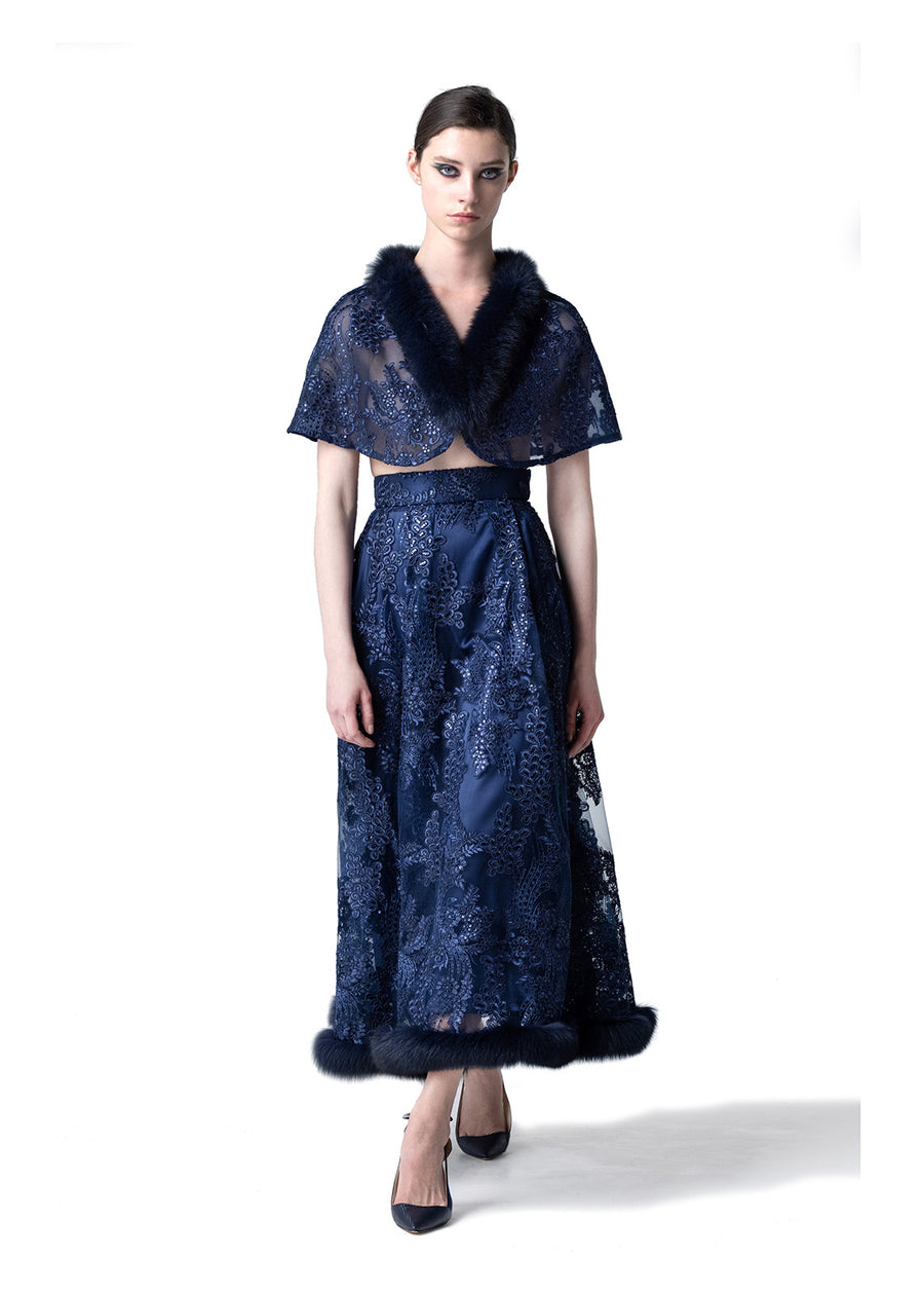 Fox Fur Collar & Trim Two Piece Lace Dress