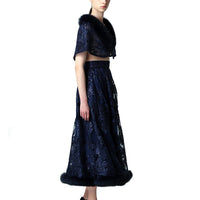 Fox Fur Collar & Trim Two Piece Lace Dress