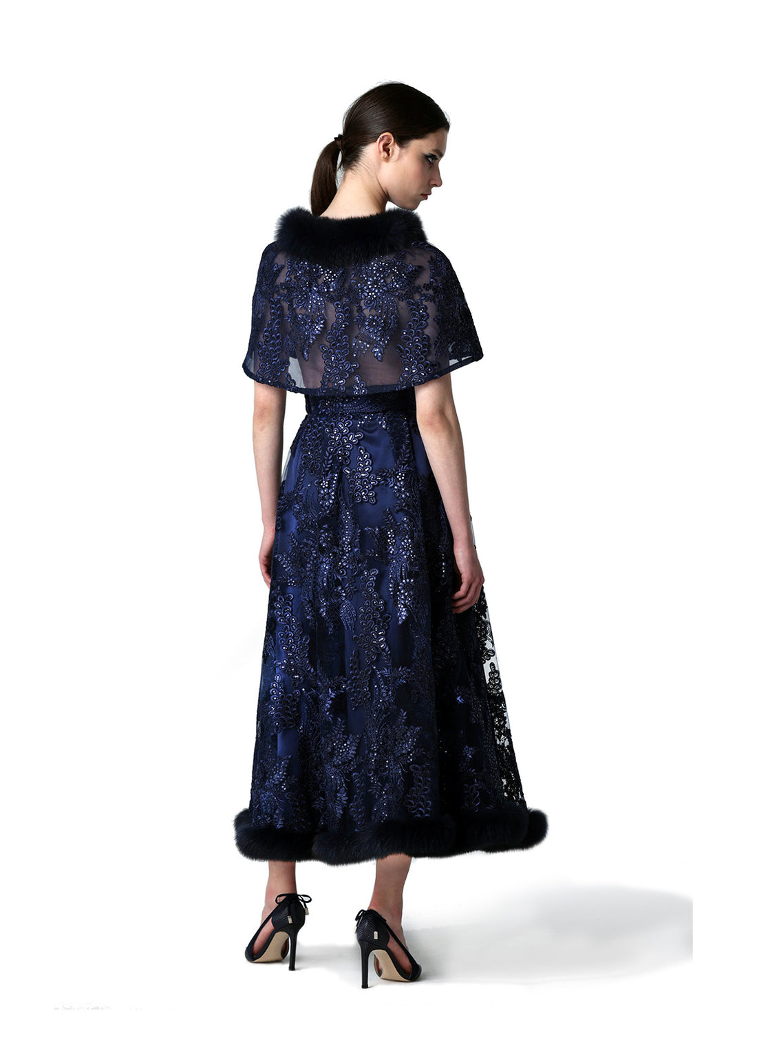 Fox Fur Collar & Trim Two Piece Lace Dress