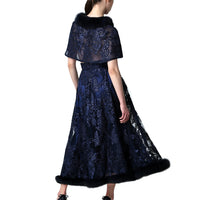 Fox Fur Collar & Trim Two Piece Lace Dress