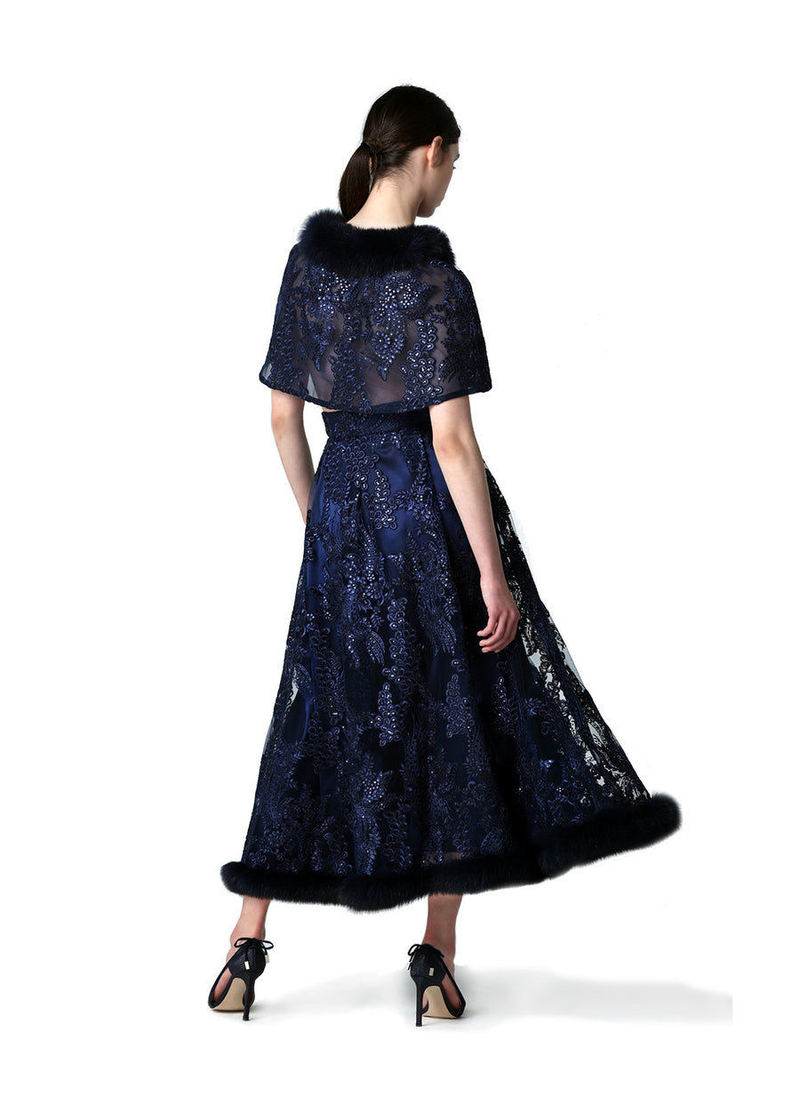 Fox Fur Collar & Trim Two Piece Lace Dress