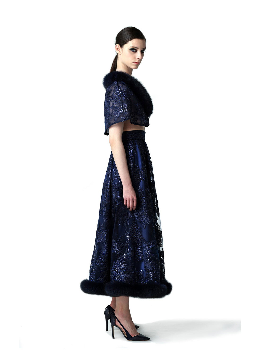 Fox Fur Collar & Trim Two Piece Lace Dress