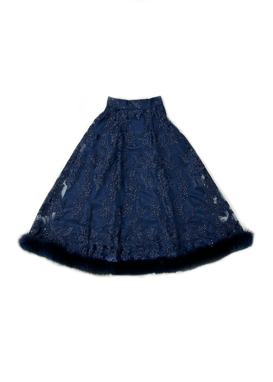 Fox Fur Collar & Trim Two Piece Lace Dress