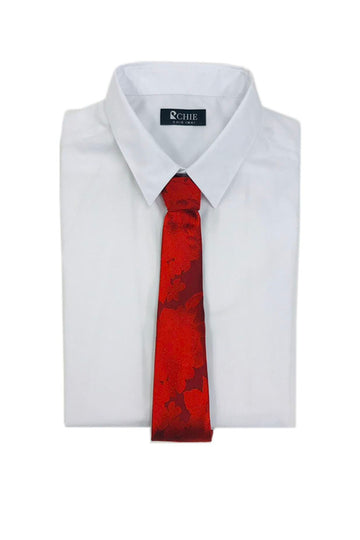 Hakata Weave Silver Sword Slim Tie - RED ROSE
