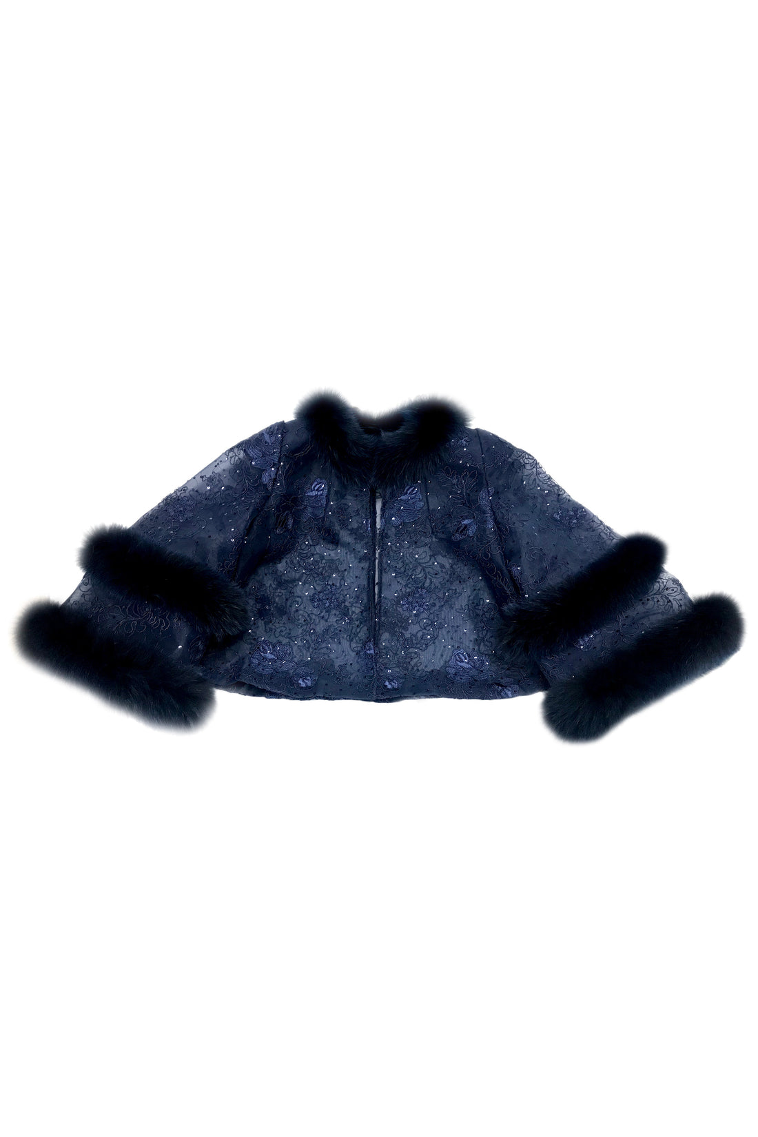 Fox Fur-Trim Lace Bolero - Navy Blue
