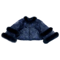 Fox Fur-Trim Lace Bolero - Navy Blue