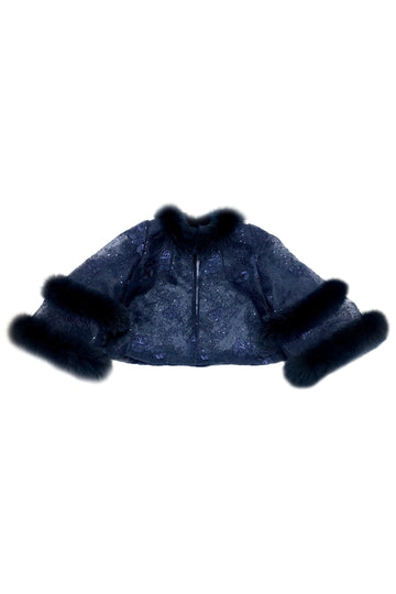 Fox Fur-Trim Lace Bolero - Navy Blue