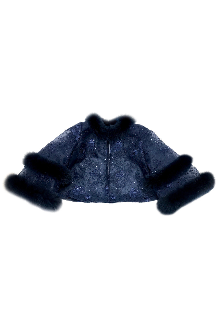 Fox Fur-Trim Lace Bolero - Navy Blue
