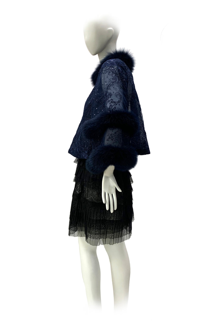 Fox Fur-Trim Lace Bolero - Navy Blue