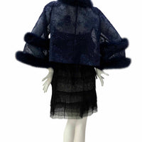 Fox Fur-Trim Lace Bolero - Navy Blue