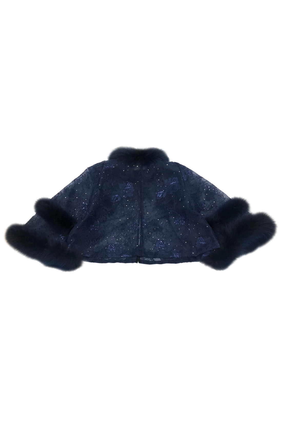 Fox Fur-Trim Lace Bolero - Navy Blue
