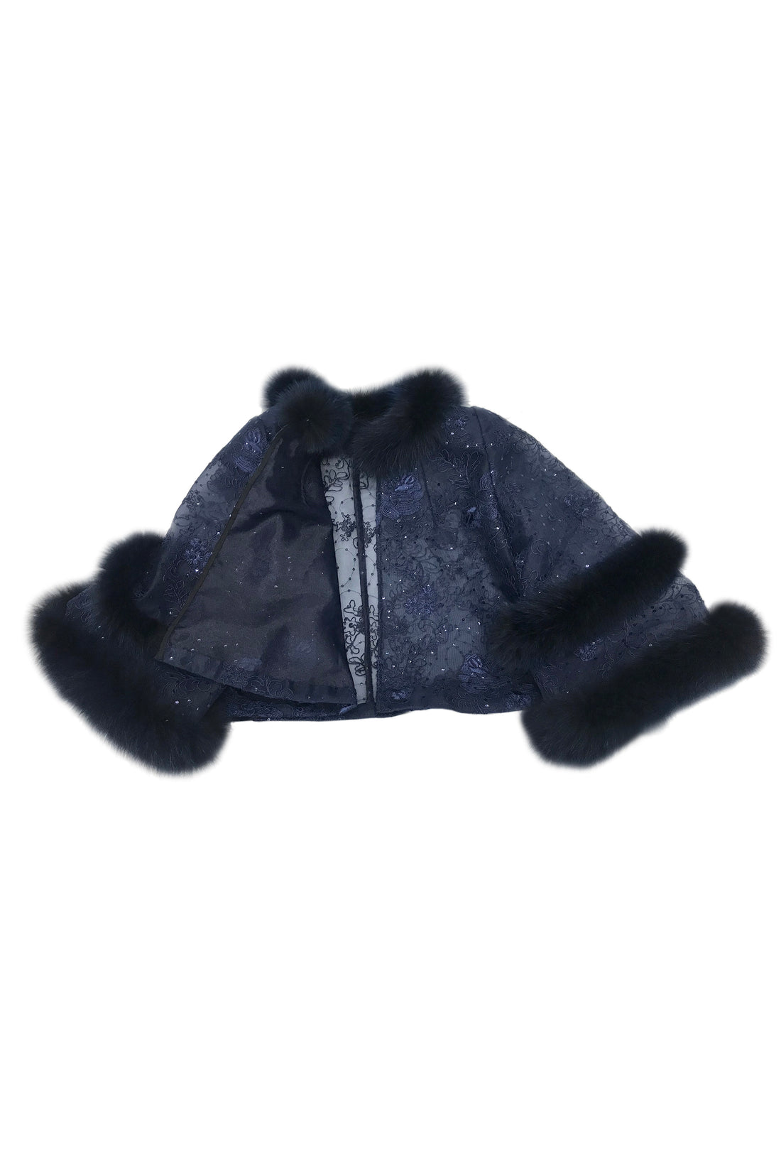 Fox Fur-Trim Lace Bolero - Navy Blue