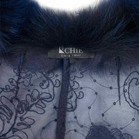 Fox Fur-Trim Lace Bolero - Navy Blue