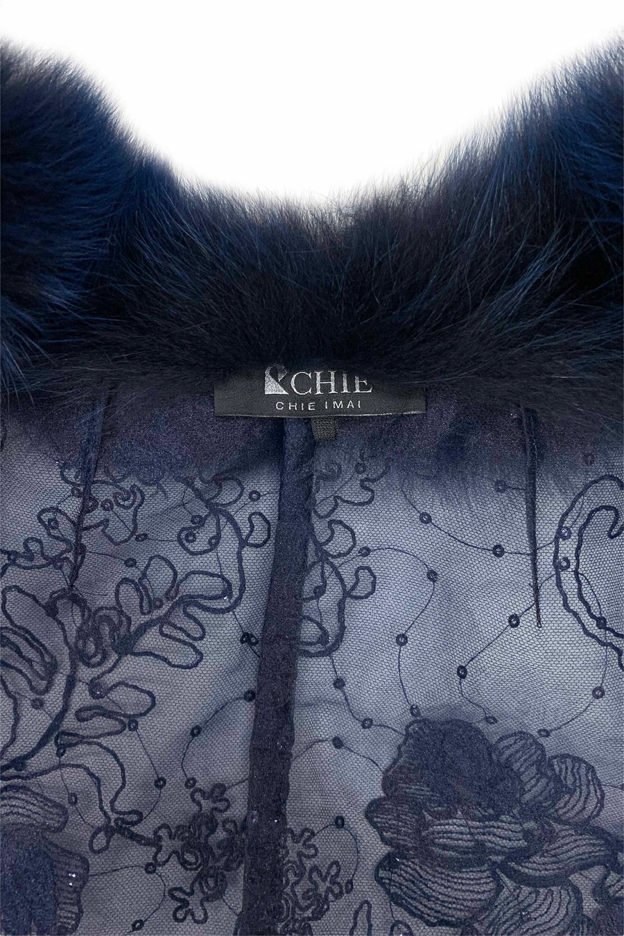 Fox Fur-Trim Lace Bolero - Navy Blue