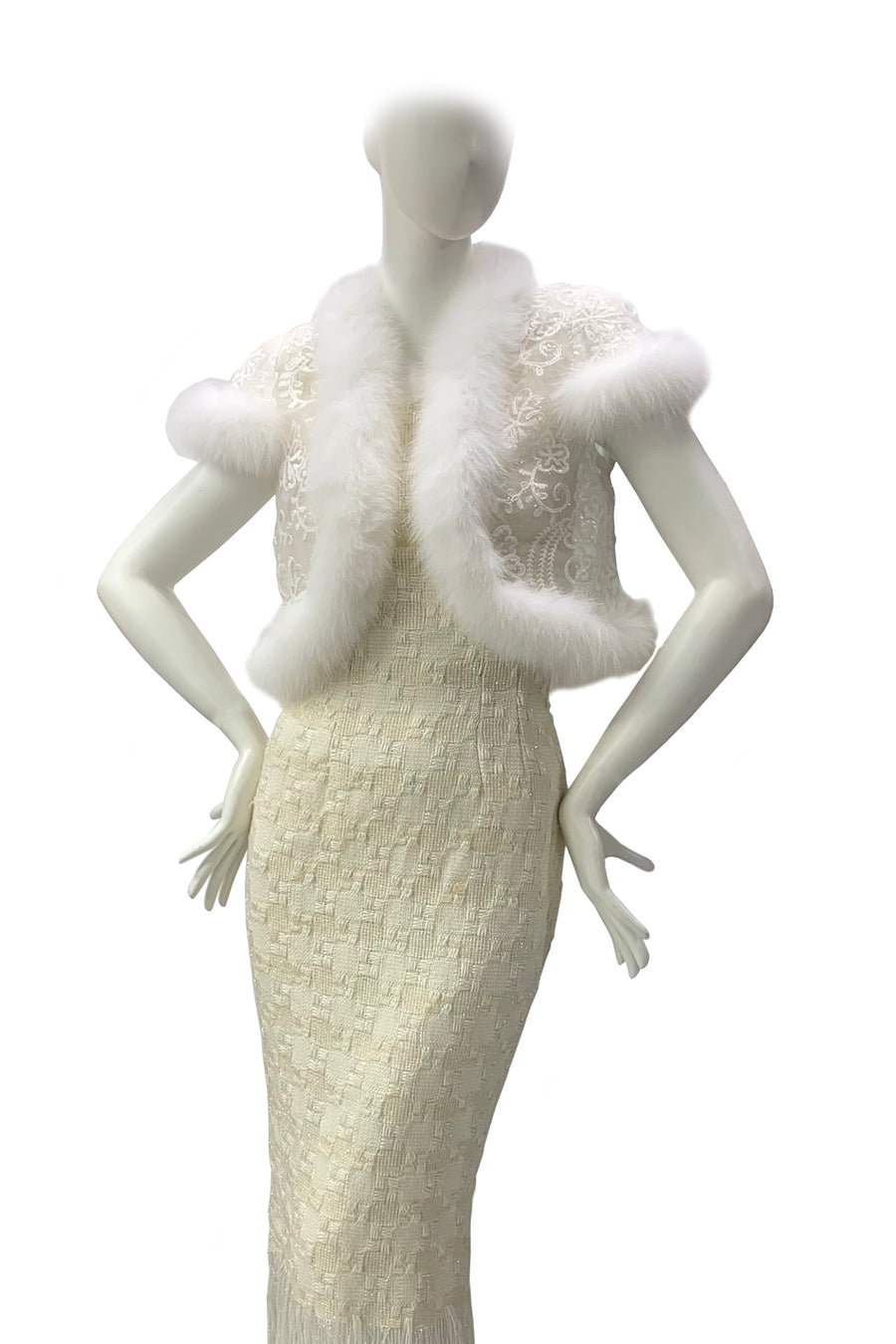 Fox Fur-Trim Lace Bolero - White Dance