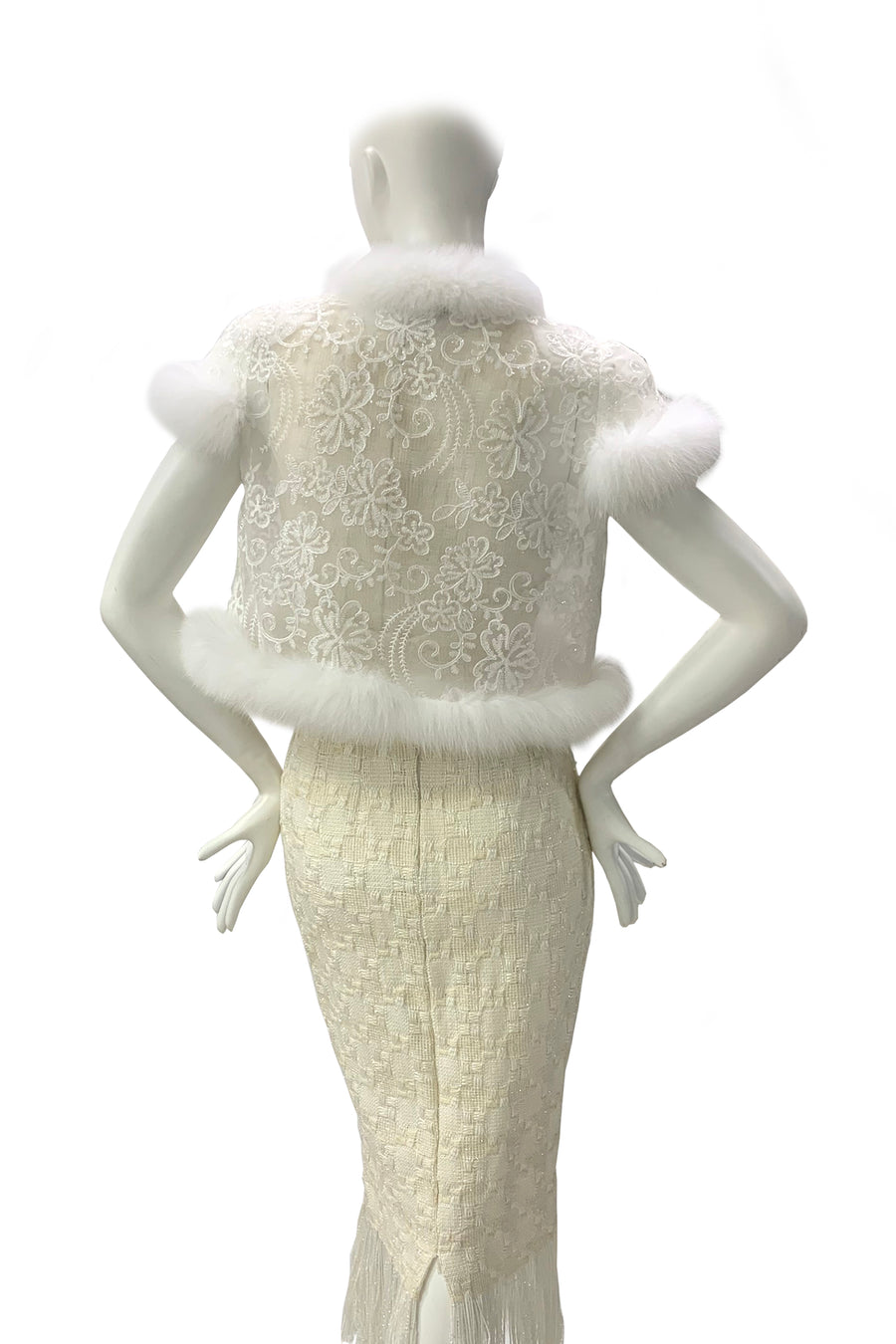 Fox Fur-Trim Lace Bolero - White Dance